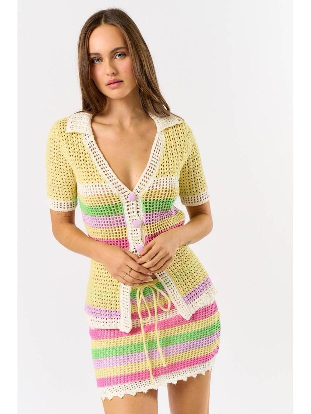 Blue‎ Blush Women’s Small Pastel Stripe Crochet Resort Wear Mini Skirt Set NWOT